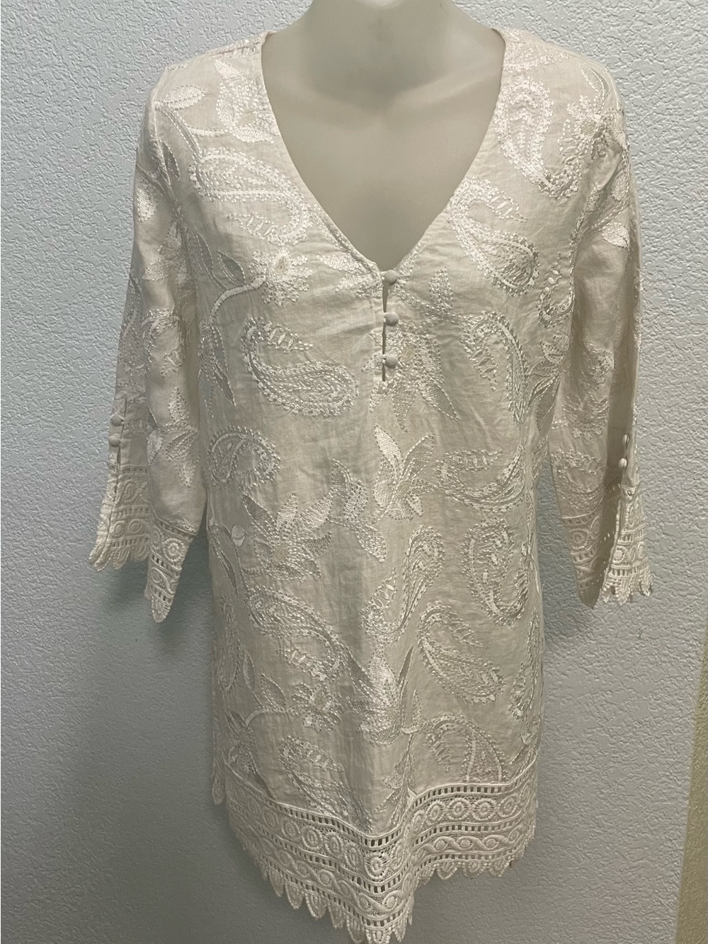 Calypso St. Barth Ivory Embroidered Sequined Lace Trim Tunic Dress Sz Small
